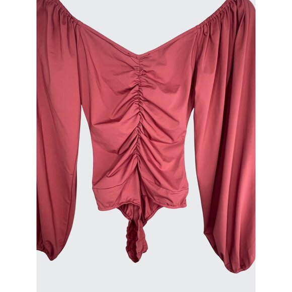 Lulus Certified Flirt Rusty Rose Ruched Long Sleeve Thong Bodysuit Size Small - Picture 9 of 13